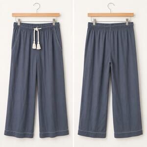 PACT | Organic Cotton Wide Leg Lounge Pants Blue Gray White Trim Tassel | Medium